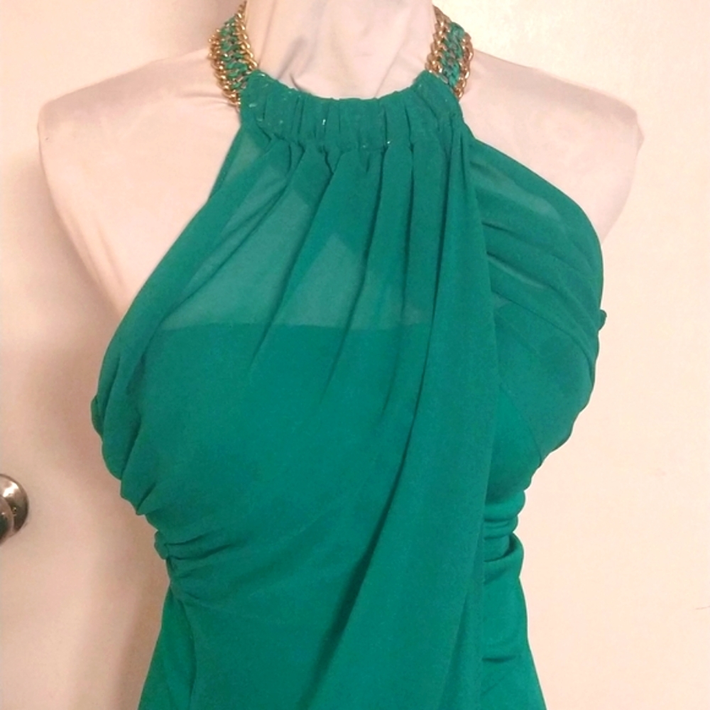 BeBe Elegant Chain Halter Backless Silky Sheer Dress